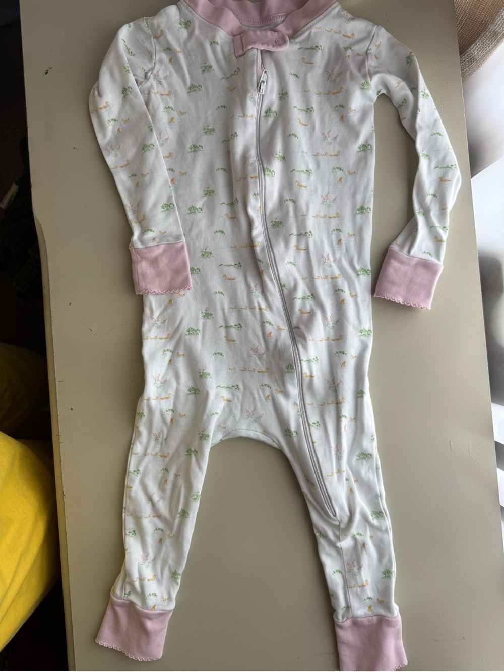 Baby One-Piece Footed Pajamas in White with Pink Trim
